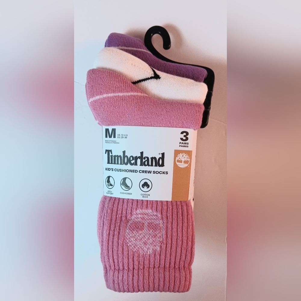 Timberland KIDS 3 Pair Pack, White, Pink, Purple. Cotton Blend,Shoe Size 12-4.5.